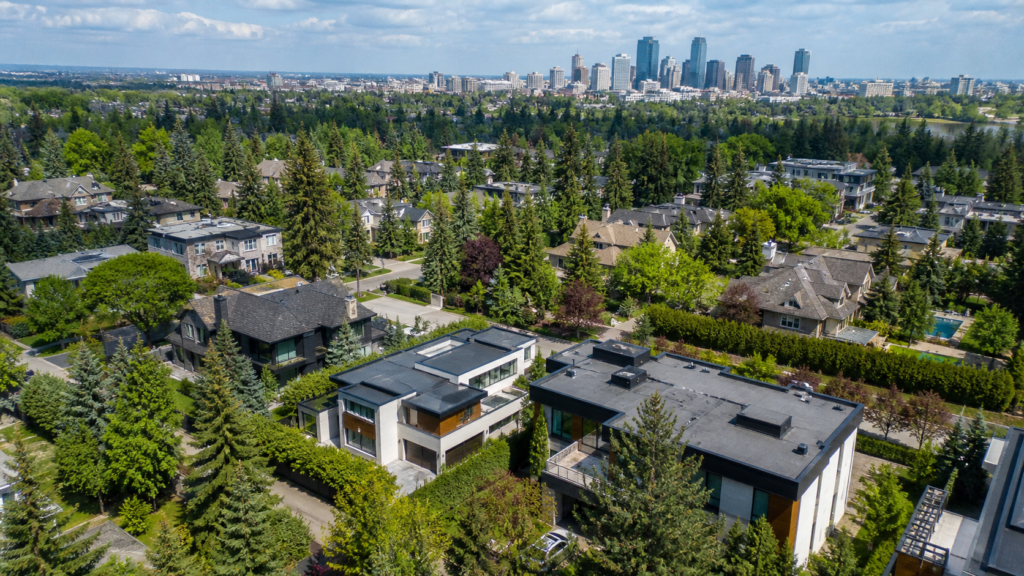 Aerial view of Calgary homes and neighbourhoods