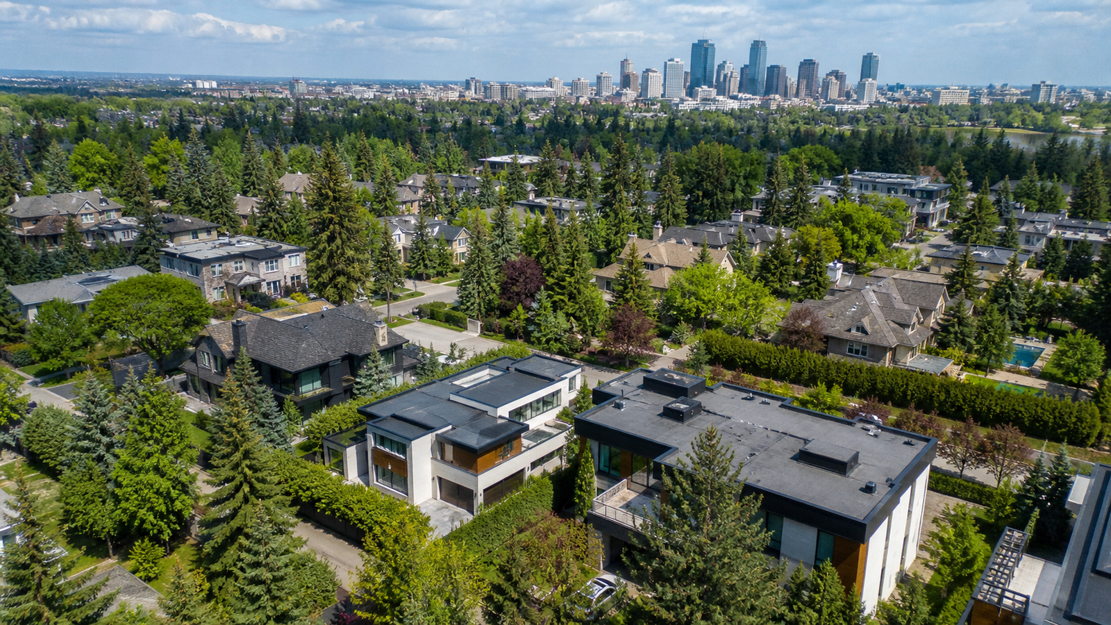 Aerial view of Calgary homes and neighbourhoods